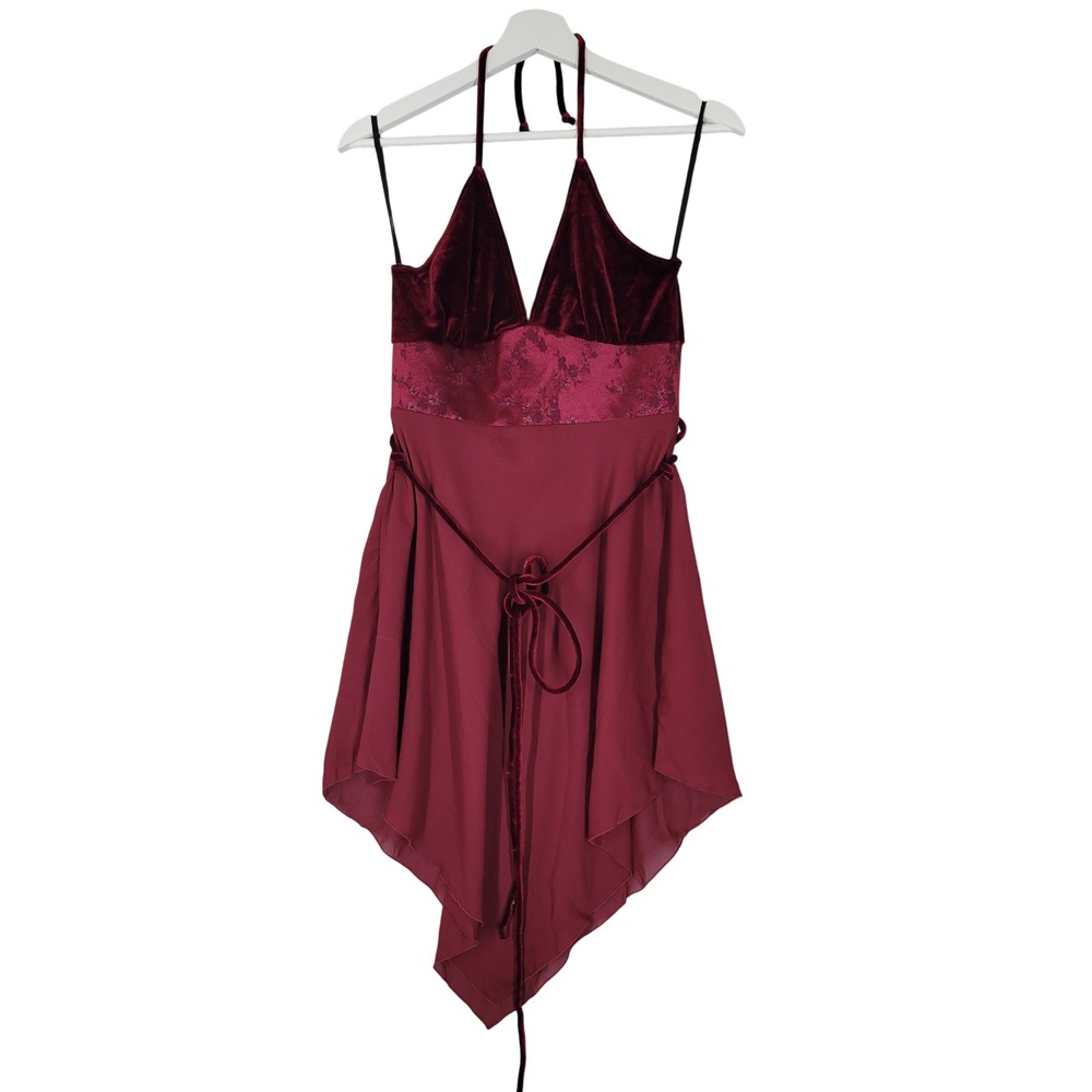 Sirens Y2K Babydoll Halter Top Womens Small Burgundy Velvet Chiffon Fairy Grunge